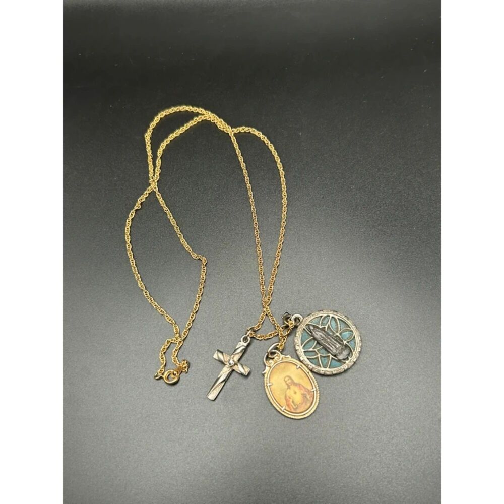 Religious Multi Charm Pendant Necklace Sacred Heart Virgin Mary Cross